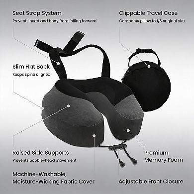 Memory Foam Travel Pillow with Seat Straps 360° Neck Support