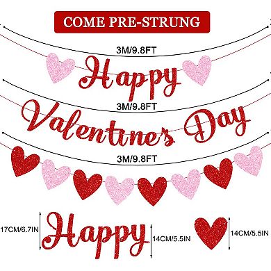 Red Glitter Valentine's Day Banner & Hearts Garland for Party, Wedding, Anniversary Decor