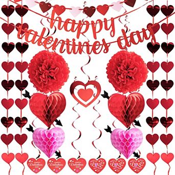 20-Pack Valentine's Day Swirl Cutouts & Garland Kit - Banners, Tissue Fans, Poms