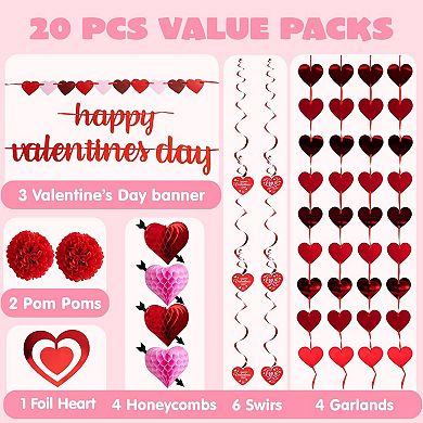 20-Pack Valentine's Day Swirl Cutouts & Garland Kit - Banners, Tissue Fans, Poms