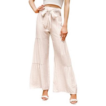 Womens Wide Leg Ruffle Hem Long Pants Fashion Knot Tie Front High Elastic Waist Boho Trousers