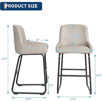 Modern PU Leather Counter Height Bar Stools Set of 3 with Backrest & Footrest, Metal Frame