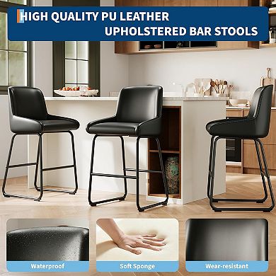 Modern PU Leather Counter Height Bar Stools Set of 3 with Backrest & Footrest, Metal Frame