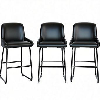 Modern PU Leather Counter Height Bar Stools Set of 3 with Backrest & Footrest, Metal Frame