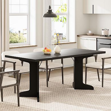 71"W Dining Table for 6-Table Only, Farmhouse Kitchen Table with Padded Top and Unique V-Shaped Feet