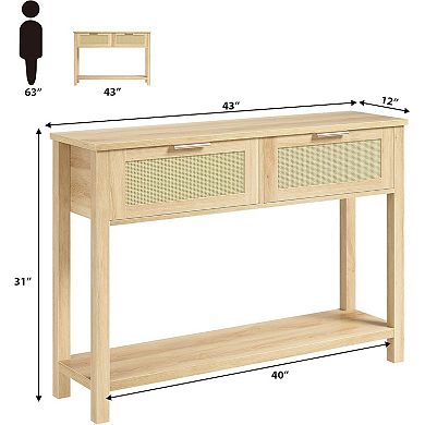 Console Table for Entryway, Rattan Entryway Table with 2 Drawers