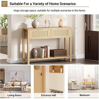Console Table for Entryway, Rattan Entryway Table with 2 Drawers