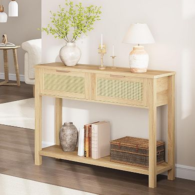 Console Table for Entryway, Rattan Entryway Table with 2 Drawers