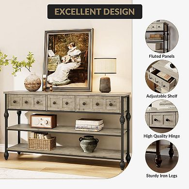 Long 53" Console Sofa Table with 3 Drawers, Entryway Table with 3-Tier Storage Shelves