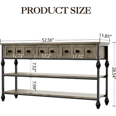 Long 53" Console Sofa Table with 3 Drawers, Entryway Table with 3-Tier Storage Shelves