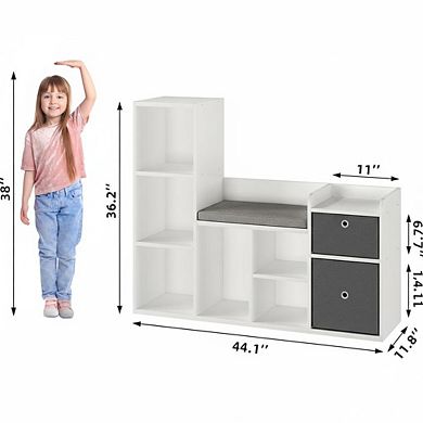 Kids Bookshelf Toy Storage Organizer with Reading Nook White Bookcase Seat Cushion