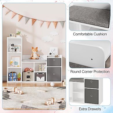 Kids Bookshelf Toy Storage Organizer with Reading Nook White Bookcase Seat Cushion