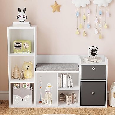 Kids Bookshelf Toy Storage Organizer with Reading Nook White Bookcase Seat Cushion