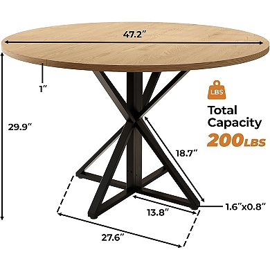 Round Wooden Dining Table for 4, 47 in Circle Table with Heavy-Duty Metal Pedestal Base