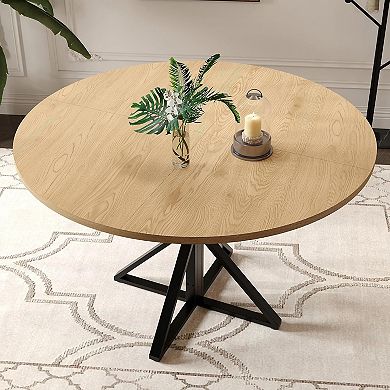 Round Wooden Dining Table for 4, 47 in Circle Table with Heavy-Duty Metal Pedestal Base