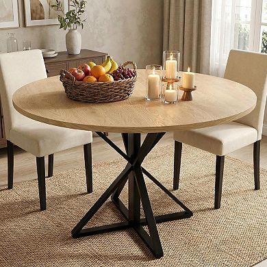 Round Wooden Dining Table for 4, 47 in Circle Table with Heavy-Duty Metal Pedestal Base