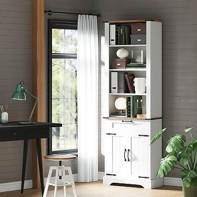 Farmhouse Bookcase, Floor Standing Bookshelves with Doors and Drawer Adjustable Shelves