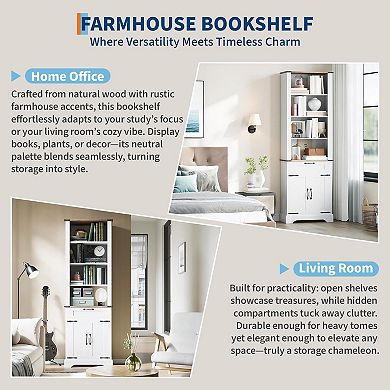 Farmhouse Bookcase, Floor Standing Bookshelves with Doors and Drawer Adjustable Shelves