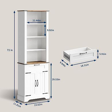 Farmhouse Bookcase, Floor Standing Bookshelves with Doors and Drawer Adjustable Shelves