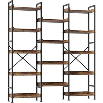 5 tier Large Industrial Bookcase, 14-Panel Tall Open Bookshelf with Steel Frame, Rustic Brown