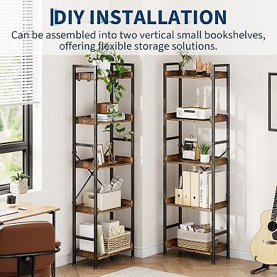 5-Tier Large Industrial Bookcase, 14-Panel Tall Open Bookshelf with Steel Frame, Rustic Brown