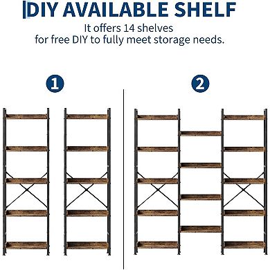 5-Tier Large Industrial Bookcase, 14-Panel Tall Open Bookshelf with Steel Frame, Rustic Brown