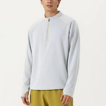 Men's Long Sleeve Half Zip Pullover Top with Textured Knit Fabric and Contrast Seam Detailing