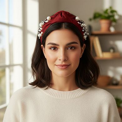 Womens Pearl Embellished Knotted Fabric Headband Comfortable Wide Fit