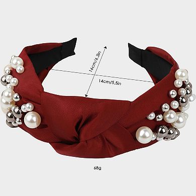 Womens Pearl Embellished Knotted Fabric Headband Comfortable Wide Fit