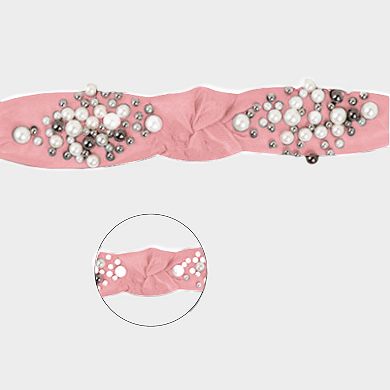 Womens Pearl Embellished Knotted Fabric Headband Comfortable Wide Fit