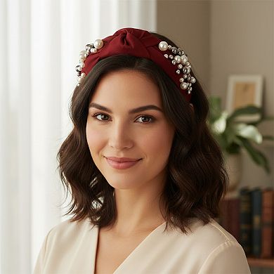 Womens Pearl Embellished Knotted Fabric Headband Comfortable Wide Fit