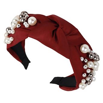 Womens Pearl Embellished Knotted Fabric Headband Comfortable Wide Fit