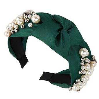 Womens Pearl Embellished Knotted Fabric Headband Comfortable Wide Fit