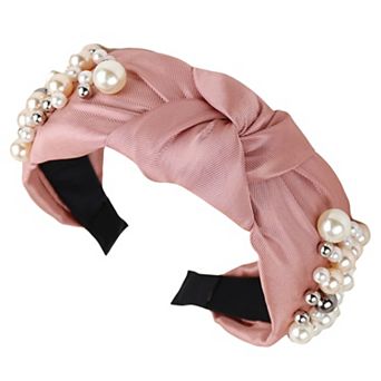Womens Pearl Embellished Knotted Fabric Headband Comfortable Wide Fit