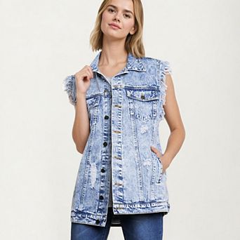 Women's Sleeveless Denim Vest with Button Front Closure Frayed Armholes