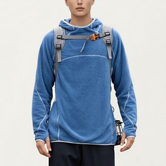 Men's Hooded Long Sleeve Pullover Top with Contrast Seam Detailing and Stretch Knit Construction