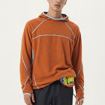 Men's Hooded Long Sleeve Pullover Top with Contrast Seam Detailing and Stretch Knit Construction