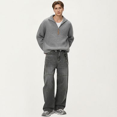 Men's Ribbed Half Zip Sweater with Relaxed Fit and Stand Collar Design