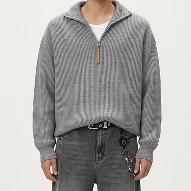 Men's Ribbed Half Zip Sweater with Relaxed Fit and Stand Collar Design