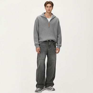 Men's Ribbed Half Zip Sweater with Relaxed Fit and Stand Collar Design