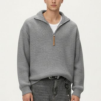 Men's Ribbed Half Zip Sweater with Relaxed Fit and Stand Collar Design