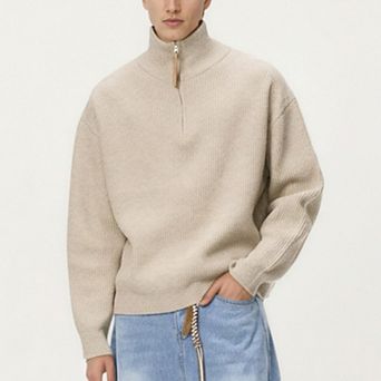 Men's Ribbed Half Zip Sweater with Relaxed Fit and Stand Collar Design