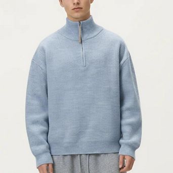 Men's Ribbed Half Zip Sweater with Relaxed Fit and Stand Collar Design