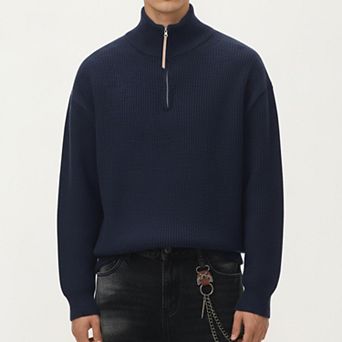 Men's Ribbed Half Zip Sweater with Relaxed Fit and Stand Collar Design
