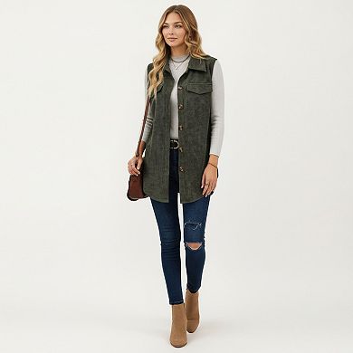 Women's Textured Button Front Vest with Collared Neckline, Chest Flap Pockets, and Longline Fit
