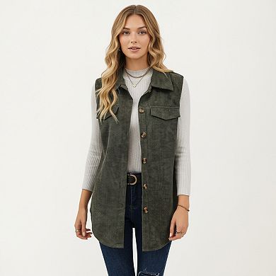 Women's Textured Button Front Vest with Collared Neckline, Chest Flap Pockets, and Longline Fit