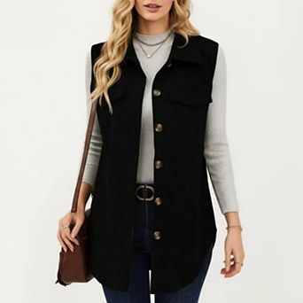 Women's Textured Button Front Vest with Collared Neckline, Chest Flap Pockets, and Longline Fit