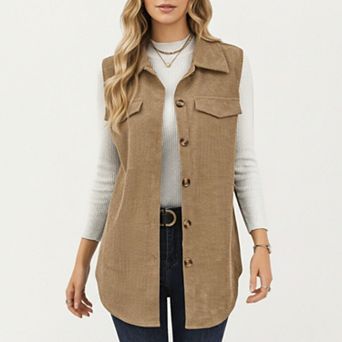 Women's Textured Button Front Vest with Collared Neckline, Chest Flap Pockets, and Longline Fit