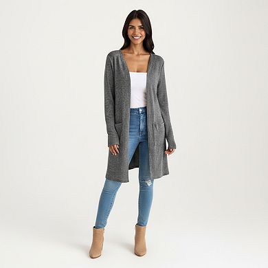 Women's Open Front Long Sleeve Knit Cardigan with Patch Pockets Stretch Fabric and Relaxed Fit