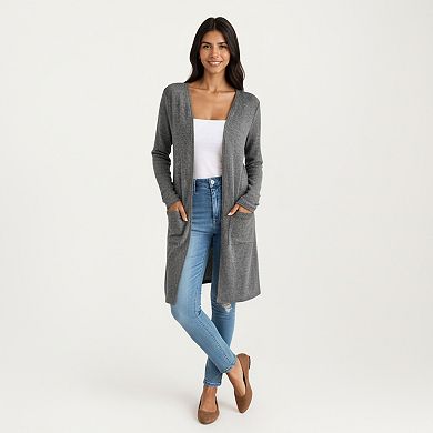 Women's Open Front Long Sleeve Knit Cardigan with Patch Pockets Stretch Fabric and Relaxed Fit